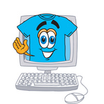 Clip Art Graphic of a Blue Short Sleeved T Shirt Character Waving From Inside a Computer Screen