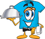 Clip Art Graphic of a Blue Short Sleeved T Shirt Character Dressed as a Waiter and Holding a Serving Platter