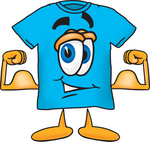 Clip Art Graphic of a Blue Short Sleeved T Shirt Character Flexing His Arm Muscles