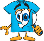 Clip Art Graphic of a Blue Short Sleeved T Shirt Character Looking Through a Magnifying Glass
