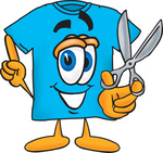 Clip Art Graphic of a Blue Short Sleeved T Shirt Character Holding a Pair of Scissors
