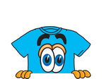 Clip Art Graphic of a Blue Short Sleeved T Shirt Character Peeking Over a Surface