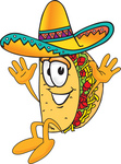 Clip Art Graphic of a Crunchy Hard Taco Character Wearing a Sombrero and Jumping