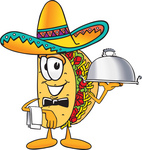 Clip Art Graphic of a Crunchy Hard Taco Character Wearing a Sombrero, Waiting Tables and Serving a Platter