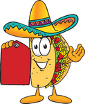 Clip Art Graphic of a Crunchy Hard Taco Character Holding a Red Sales Price Tag