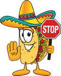 Clip Art Graphic of a Crunchy Hard Taco Character Holding a Stop Sign