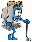 Clipart Picture of a Desktop Computer Mascot Cartoon Character Leaning on a Golf Club While Golfing