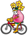 Clip Art Graphic of a Pink Vase And Yellow Flowers Cartoon Character Riding a Bicycle