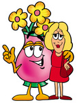 Clip Art Graphic of a Pink Vase And Yellow Flowers Cartoon Character Talking to a Pretty Blond Woman