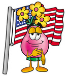 Clip Art Graphic of a Pink Vase And Yellow Flowers Cartoon Character Pledging Allegiance to an American Flag