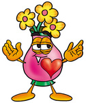 Clip Art Graphic of a Pink Vase And Yellow Flowers Cartoon Character With His Heart Beating Out of His Chest