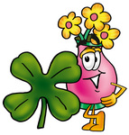Clip Art Graphic of a Pink Vase And Yellow Flowers Cartoon Character With a Green Four Leaf Clover on St Paddy’s or St Patricks Day