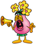 Clip Art Graphic of a Pink Vase And Yellow Flowers Cartoon Character Screaming Into a Megaphone