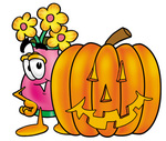 Clip Art Graphic of a Pink Vase And Yellow Flowers Cartoon Character With a Carved Halloween Pumpkin