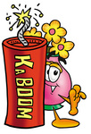 Clip Art Graphic of a Pink Vase And Yellow Flowers Cartoon Character Standing With a Lit Stick of Dynamite