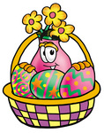 Clip Art Graphic of a Pink Vase And Yellow Flowers Cartoon Character in an Easter Basket Full of Decorated Easter Eggs