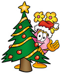 Clip Art Graphic of a Pink Vase And Yellow Flowers Cartoon Character Waving and Standing by a Decorated Christmas Tree