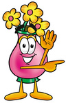 Clip Art Graphic of a Pink Vase And Yellow Flowers Cartoon Character Waving and Pointing