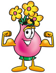 Clip Art Graphic of a Pink Vase And Yellow Flowers Cartoon Character Flexing His Arm Muscles