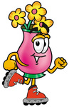 Clip Art Graphic of a Pink Vase And Yellow Flowers Cartoon Character Roller Blading on Inline Skates