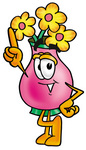 Clip Art Graphic of a Pink Vase And Yellow Flowers Cartoon Character Pointing Upwards