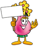 Clip Art Graphic of a Pink Vase And Yellow Flowers Cartoon Character Holding a Blank Sign