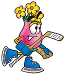 Clip Art Graphic of a Pink Vase And Yellow Flowers Cartoon Character Playing Ice Hockey