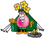 Clip Art Graphic of a Pink Vase And Yellow Flowers Cartoon Character Camping With a Tent and Fire