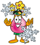 Clip Art Graphic of a Pink Vase And Yellow Flowers Cartoon Character With Three Snowflakes in Winter