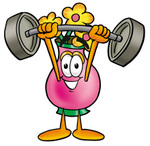 Clip Art Graphic of a Pink Vase And Yellow Flowers Cartoon Character Holding a Heavy Barbell Above His Head