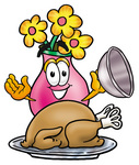 Clip Art Graphic of a Pink Vase And Yellow Flowers Cartoon Character Serving a Thanksgiving Turkey on a Platter