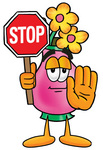 Clip Art Graphic of a Pink Vase And Yellow Flowers Cartoon Character Holding a Stop Sign