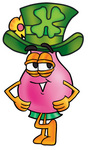 Clip Art Graphic of a Pink Vase And Yellow Flowers Cartoon Character Wearing a Saint Patricks Day Hat With a Clover on it
