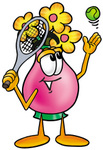 Clip Art Graphic of a Pink Vase And Yellow Flowers Cartoon Character Preparing to Hit a Tennis Ball