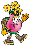 Clip Art Graphic of a Pink Vase And Yellow Flowers Cartoon Character Hiking and Carrying a Backpack