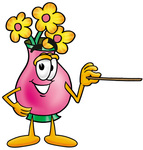Clip Art Graphic of a Pink Vase And Yellow Flowers Cartoon Character Holding a Pointer Stick