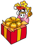 Clip Art Graphic of a Pink Vase And Yellow Flowers Cartoon Character Standing by a Christmas Present