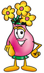 Clip Art Graphic of a Pink Vase And Yellow Flowers Cartoon Character Pointing at the Viewer