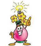 Clip Art Graphic of a Pink Vase And Yellow Flowers Cartoon Character With a Bright Idea