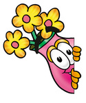 Clip Art Graphic of a Pink Vase And Yellow Flowers Cartoon Character Peeking Around a Corner