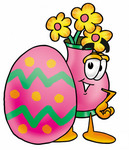 Clip Art Graphic of a Pink Vase And Yellow Flowers Cartoon Character Standing Beside an Easter Egg