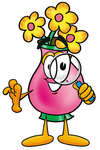 Clip Art Graphic of a Pink Vase And Yellow Flowers Cartoon Character Looking Through a Magnifying Glass