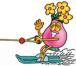 Clip Art Graphic of a Pink Vase And Yellow Flowers Cartoon Character Waving While Water Skiing