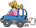 Clip Art Graphic of a Pink Vase And Yellow Flowers Cartoon Character Driving a Blue Car and Waving