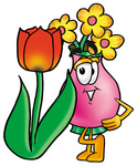 Clip Art Graphic of a Pink Vase And Yellow Flowers Cartoon Character With a Red Tulip Flower in the Spring