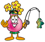 Clip Art Graphic of a Pink Vase And Yellow Flowers Cartoon Character Holding a Fish on a Fishing Pole