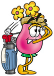 Clip Art Graphic of a Pink Vase And Yellow Flowers Cartoon Character Swinging His Golf Club While Golfing
