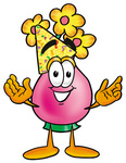 Clip Art Graphic of a Pink Vase And Yellow Flowers Cartoon Character Wearing a Birthday Party Hat