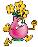 Clip Art Graphic of a Pink Vase And Yellow Flowers Cartoon Character Running