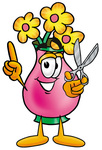 Clip Art Graphic of a Pink Vase And Yellow Flowers Cartoon Character Holding a Pair of Scissors
